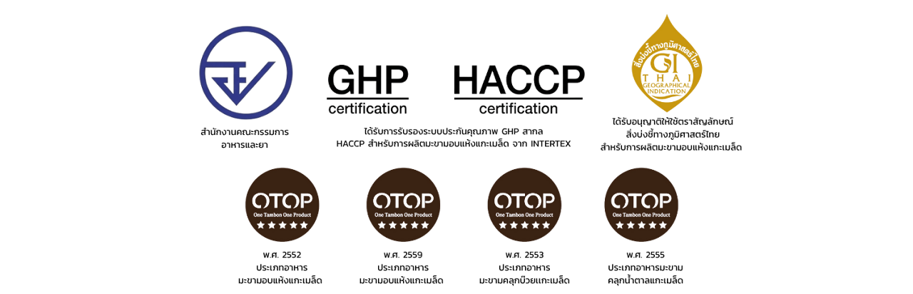 ตราสัญลักษณ์มาตรฐานรับรอง อย. GHP HACCP GI ฮาลาล และ OTOP